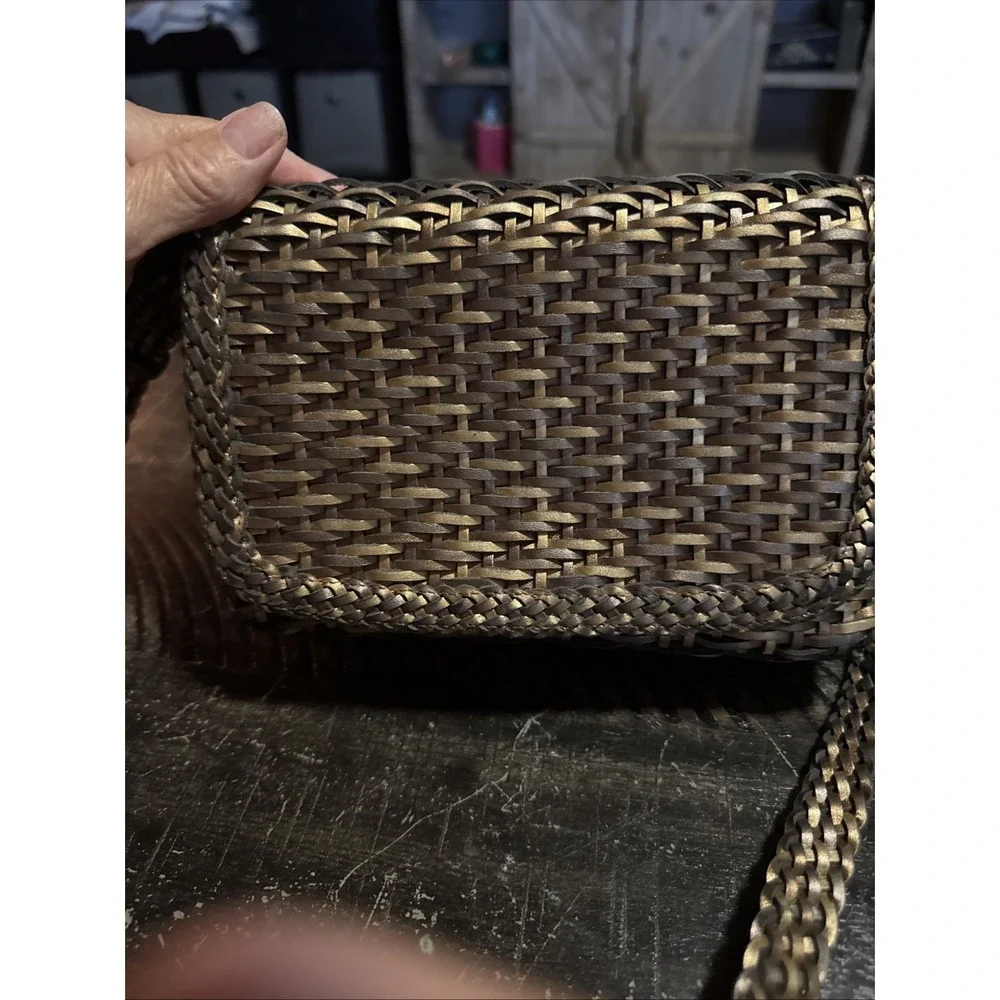 Vintage CEM Metallic Purse Woven Leather Crossbody Bag Gold Silver Bronze Brazil